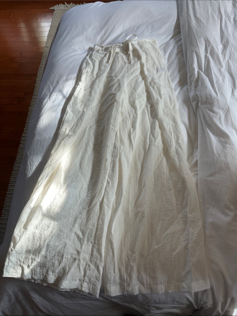 Bershka Cream Wide-Leg Linen Pants with Drawstring Waist